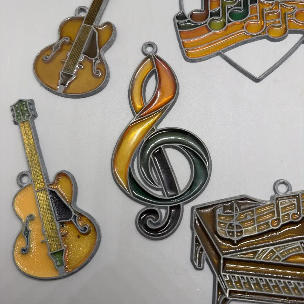 Vtg Nashville Guitar &music Suncatcher Ornaments Lot of 7 Stained Glass 70s 80s